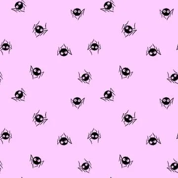 Seamless pattern of cute little spiders with eyes. Halloween vector backgroun Stock Illustration