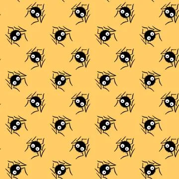 Seamless pattern of cute little spiders with eyes. Halloween vector backgroun Stock Illustration