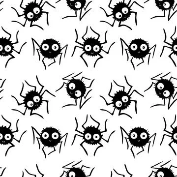 Seamless pattern of cute little spiders with eyes. Halloween vector backgroun Stock Illustration