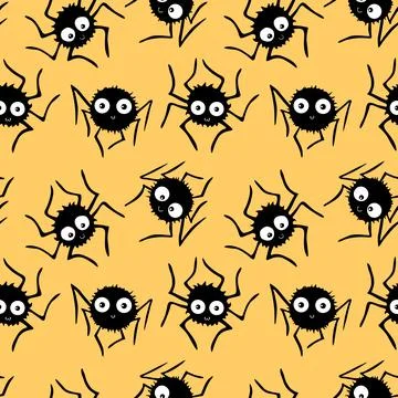 Seamless pattern of cute little spiders with eyes. Halloween vector backgroun Stock Illustration