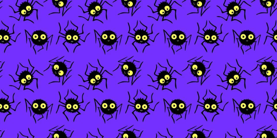 Seamless pattern of cute little spiders with eyes. Halloween vector backgroun Stock Illustration