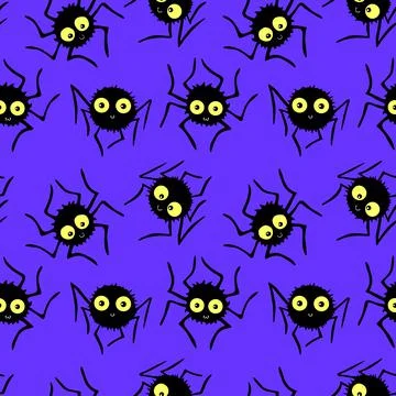 Seamless pattern of cute little spiders with eyes. Halloween vector backgroun Stock Illustration