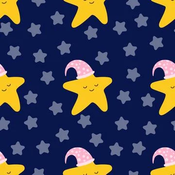 Seamless pattern. A cute little star is sleeping in a sleeping hat on a blu.. Stock Illustration