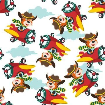 Seamless pattern of Cute little tiger flying on a airplane. Stockillustratie
