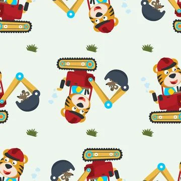 Seamless pattern of Cute little tiger on a red excavator. Stock Illustration