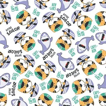 Seamless pattern with cute little tiger the sailor, Illustrazione stock