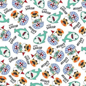 Seamless pattern with cute little tiger the sailor イラスト素材