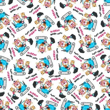 Seamless pattern of Cute little tiger on excavator 스톡 일러스트