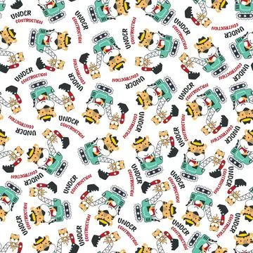 Seamless pattern of Cute little tiger on excavator. Stock Illustration