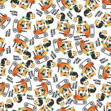 Seamless pattern of Cute little tiger on excavator. Can be used for t-shirt.. Stock Illustration