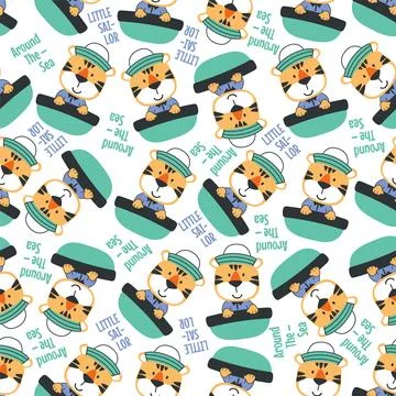 Seamless pattern with cute little tiger the sailor, Stock Illustration
