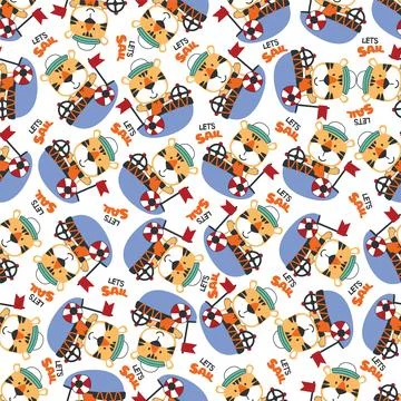 Seamless pattern with cute little tiger the sailor, Cute Marine pattern for.. Stock Illustration