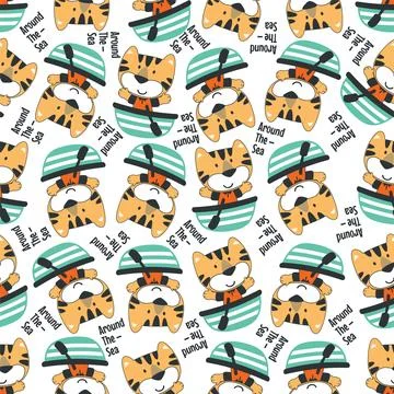 Seamless pattern with cute little tiger the sailor, Illustrazione stock