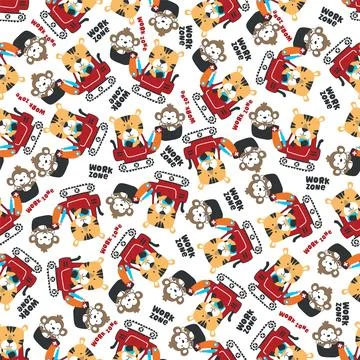Seamless pattern of Cute little tiger on excavator. Can be used for t-shirt.. Stock Illustration