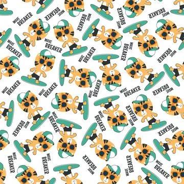 Seamless pattern of cute little tiger with a surfboard, Stock Illustration
