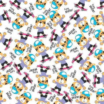 Seamless pattern with cute little tiger on skate board, Illustrazione stock