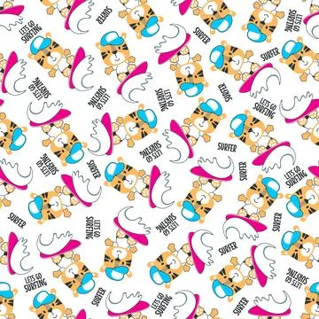 Seamless pattern of cute little tiger with a surfboard, 스톡 일러스트