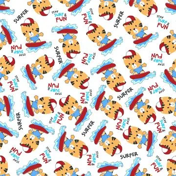 Seamless pattern of cute little tiger with a surfboard, Stock Illustration