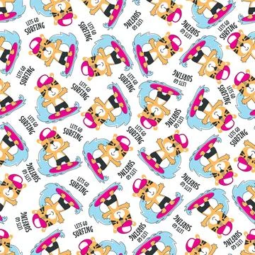 Seamless pattern of cute little tiger with a surfboard, 스톡 일러스트