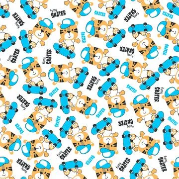 Seamless pattern with cute little tiger on skate board, Illustrazione stock