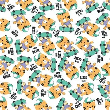 Seamless pattern with cute little tiger on skate board, Illustrazione stock
