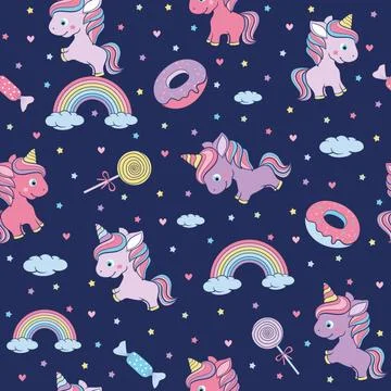 Seamless pattern with cute little unicorn. clouds, unicorn, rainbow and stars Illustrazione stock