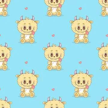Seamless pattern with Cute Little Yellow Monster on blue background. Romant.. Stock Illustration
