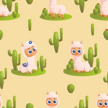 Seamless pattern with cute Llama alpaca on background with cactus. Vector i.. Illustrazione stock