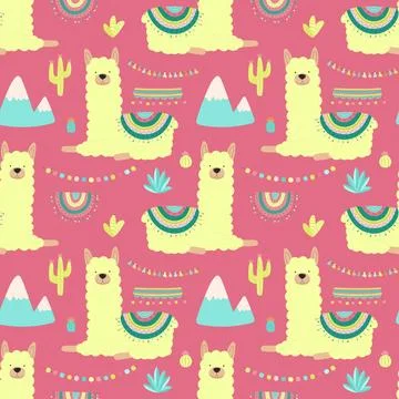 Seamless pattern of cute llamas, alpacas with yellow wool, mountains, cacti o 스톡 일러스트