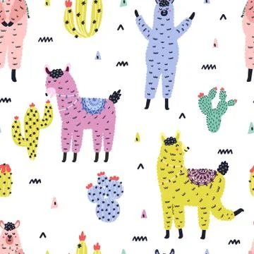 Seamless pattern with cute llamas and succulents in Scandinavian style Stock Illustration
