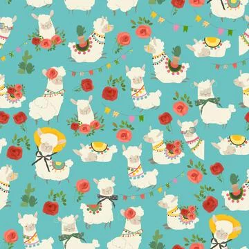 Seamless Pattern with Cute Llamas and Red Roses Stock Illustration