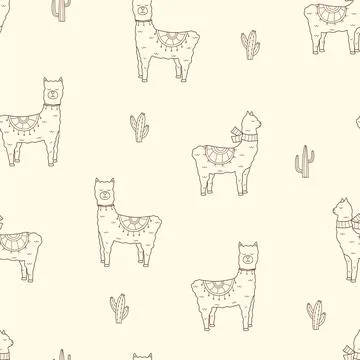 Seamless pattern of cute llamas and cacti. Vector illustration of funny anima Stock Illustration