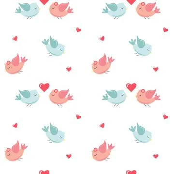 Seamless pattern with cute love birds and hearts. Stock Illustration