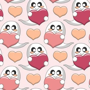Seamless pattern with Cute love Ghost with heart 스톡 일러스트