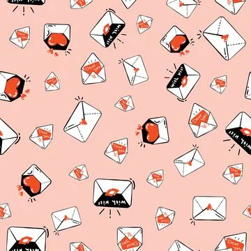 Seamless pattern with cute love letters mails on orange background. Stock Illustration