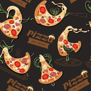 Seamless pattern of cute lovers pizzas. Stock Illustration