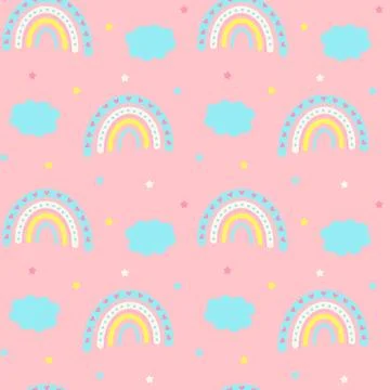 Seamless pattern with cute magic rainbow, clouds and stars on pink backgrou.. Stock Illustration
