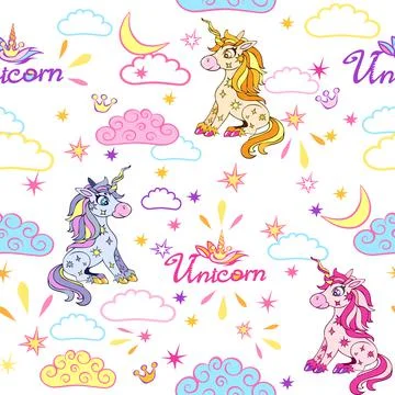 Seamless pattern with cute magical unicorns, clouds, moon and stars. Stock Illustration