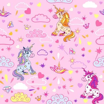 Seamless pattern with cute magical unicorns, clouds, moon and stars. Stock Illustration