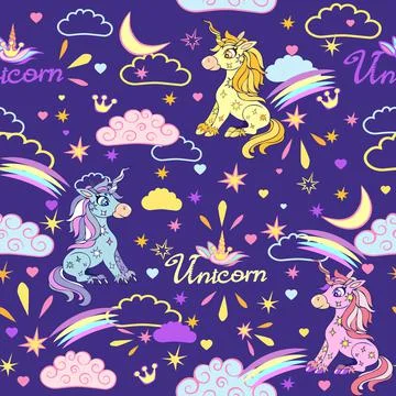 Seamless pattern of cute magical unicorns on the sky, clouds and stars. Stock Illustration
