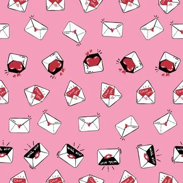 Seamless pattern with cute mails arranged in line on pink background Stock Illustration