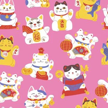 Seamless pattern with cute maneki neko cats flat style, vector illustration Stockillustratie