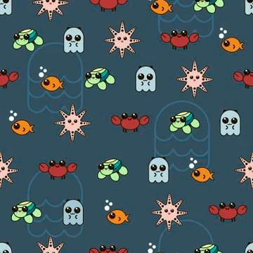 Seamless pattern cute marine Doodle vector set Stock Illustration