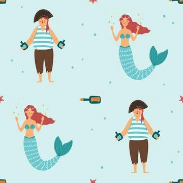 Seamless pattern with cute mermaid and pirate. Vector illustration. Pirate .. イラスト素材
