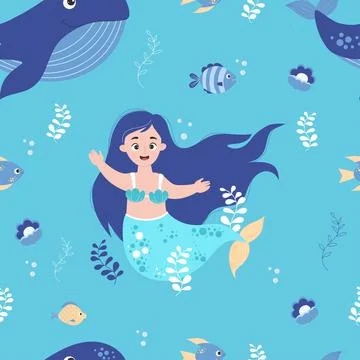 Seamless pattern with cute mermaid, blue whale with fish, seaweed and pearls  Stock Illustration