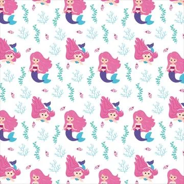 Seamless pattern with cute mermaids and elements of underwater flora and faun Stock Illustration