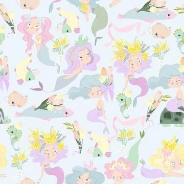 Seamless Pattern with Cute Mermaids and Spring Flowers Stock Illustration