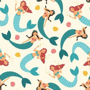 Seamless pattern with cute mermaids in a flat style. Mermaids dynamically s.. Stock Illustration