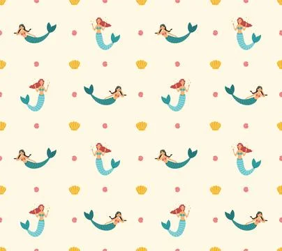 Seamless pattern with cute mermaids in a flat style. Shells and starfish. Vec Stock Illustration