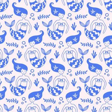Seamless Pattern with Cute Mermaids Stock Illustration